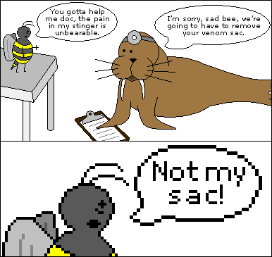 sad bee gets some bad news from dr. walrus
